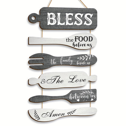 Farmhouse Kitchen Wall Decor Wood Sign Set – Bless The Food Before Us Rustic Dining Room Hanging Wall Art Rope Plaque, 6 Pieces Wood Board