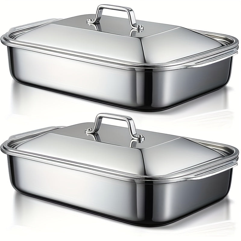 Stainless Steel Baking Pans with Lids – Extra Large Non-Stick Rectangular Oven Trays for BBQ Buffet Catering, Heavy Duty Roasting Pan Set with Grill Ridges & Handles, 2 4 6 8 Pcs