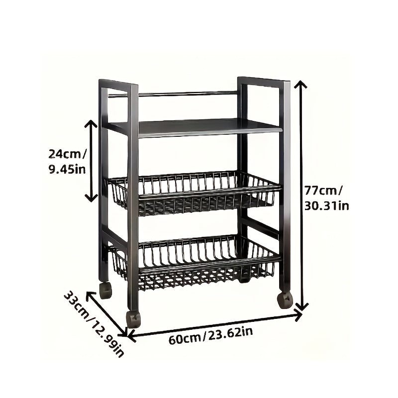 4-Tier Rolling Storage Rack with 3 Wire Baskets – Adjustable Metal Shelf on Wheels for Kitchen, Pantry, Garage, Bathroom & Closet | Movable Standing Organizer Shelf, Housewarming Gift