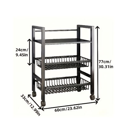 4-Tier Rolling Storage Rack with 3 Wire Baskets – Adjustable Metal Shelf on Wheels for Kitchen, Pantry, Garage, Bathroom & Closet | Movable Standing Organizer Shelf, Housewarming Gift