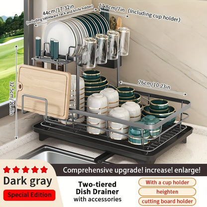2-Tier Dish Drying Rack Metal with Cutlery Holder, Cup Holder & Rust-Proof Drip Tray – Space Saving Countertop Dish Rack for Kitchen Organization, Black & Dark Gray