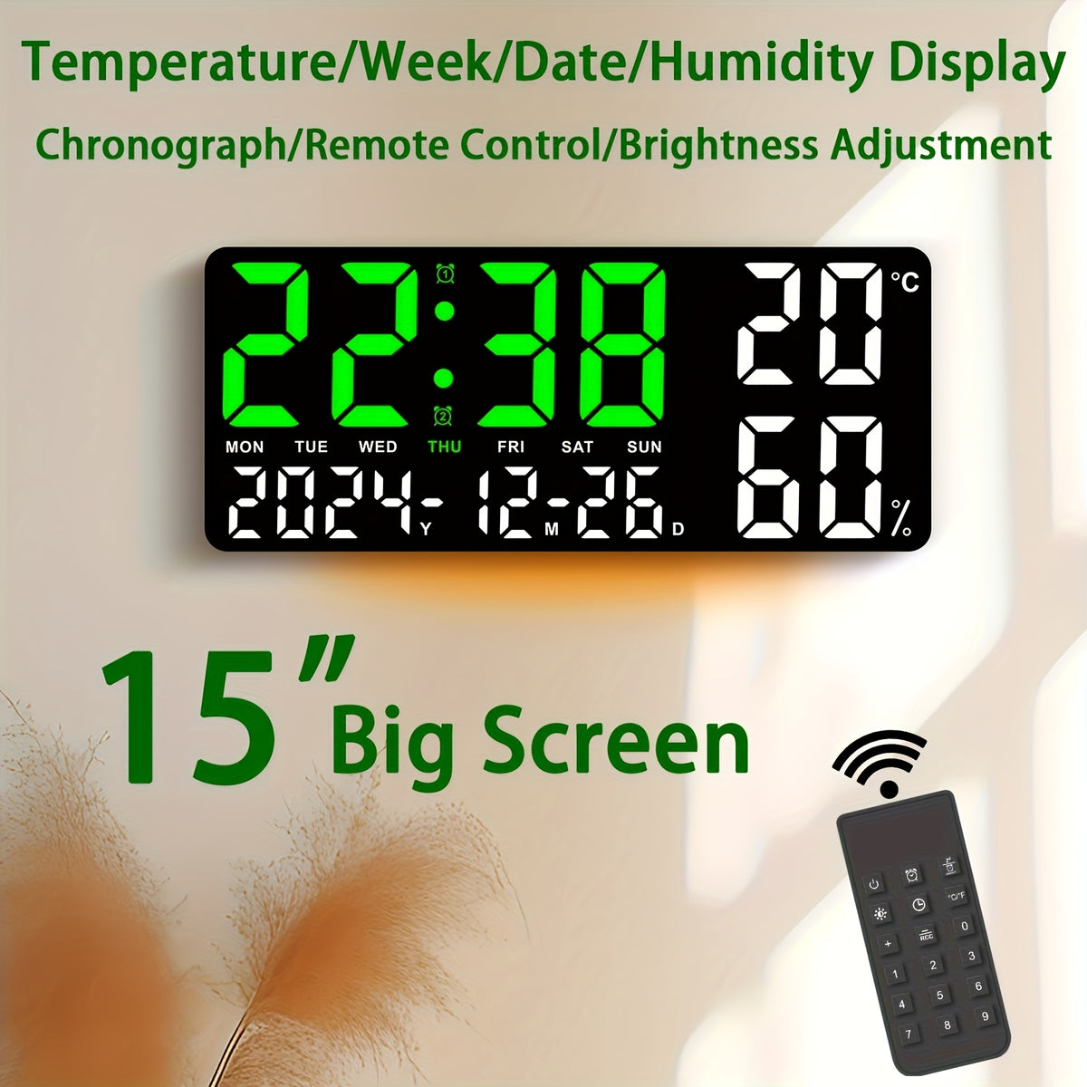 Large Screen LED Alarm Clock with Temperature Humidity Display – 15 Inch Luminous Digital Clock, Week Timer Remote Control, Auto-Dimming, for Bedroom Living Room Office Seniors