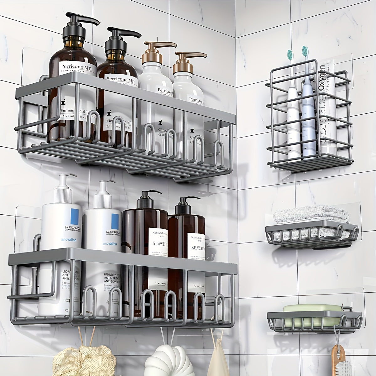 5-Pack Adhesive Shower Caddy Organizer – No Drilling Rustproof Stainless Steel Shower Shelves with Soap Holder, Wall Mounted Bathroom Storage Rack for Renters Family Apartment, Random Colors
