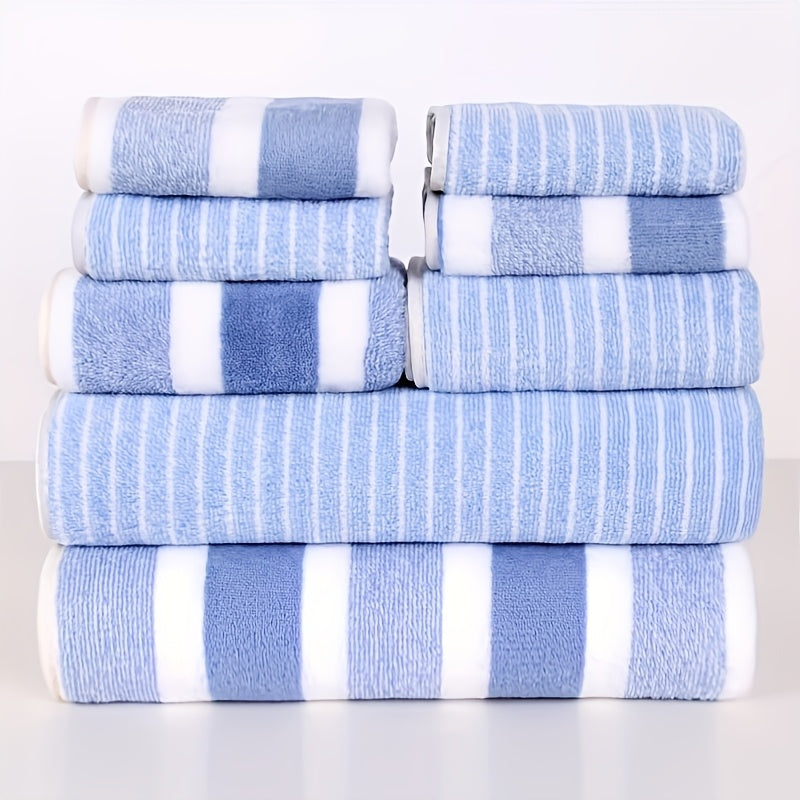 Bath Towel Set 8pcs Hotel Quality – Lint-Free Super Absorbent Soft Striped Towels, 2 Bath Towels + 2 Hand Towels + 4 Washcloths, Five-Star Hotel Standard Bathroom Towel Set, 9 Colors Available
