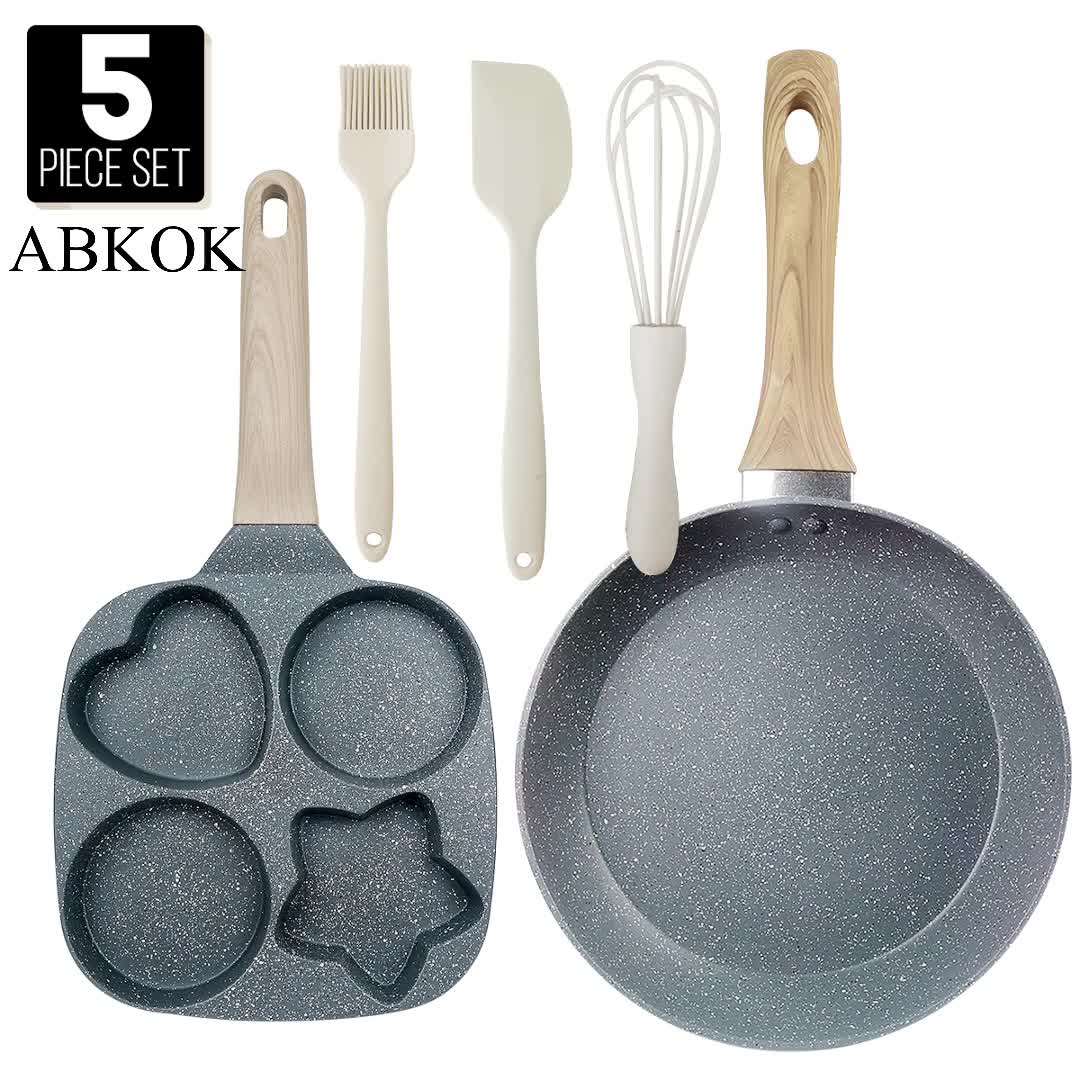 Non-Stick Breakfast Skillet Set – 4-Hole Egg Pan & 5-Piece Cookware Set with Heat-Resistant Wooden Handle for Eggs, Burgers & Omelettes, Easy Clean, Perfect for Home Kitchen Cooking