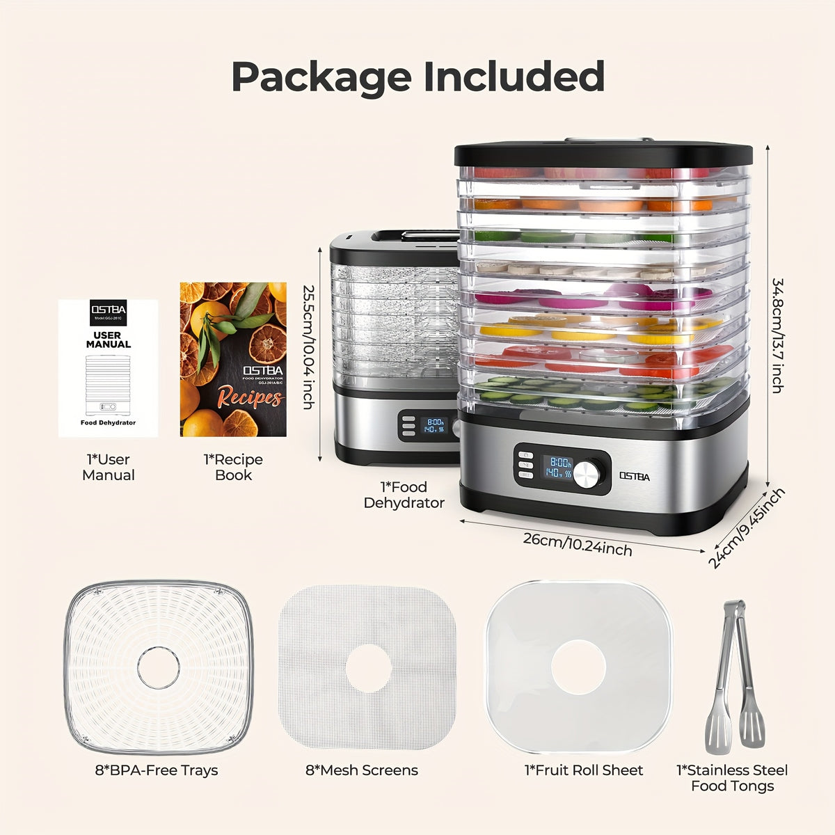 Food Dehydrator Machine 5-Tray with Adjustable Temperature & 72H Timer – 240W Electric Dryer for Jerky, Fruit, Herbs, Dog Treats & Snacks, LED Display + Recipe Book