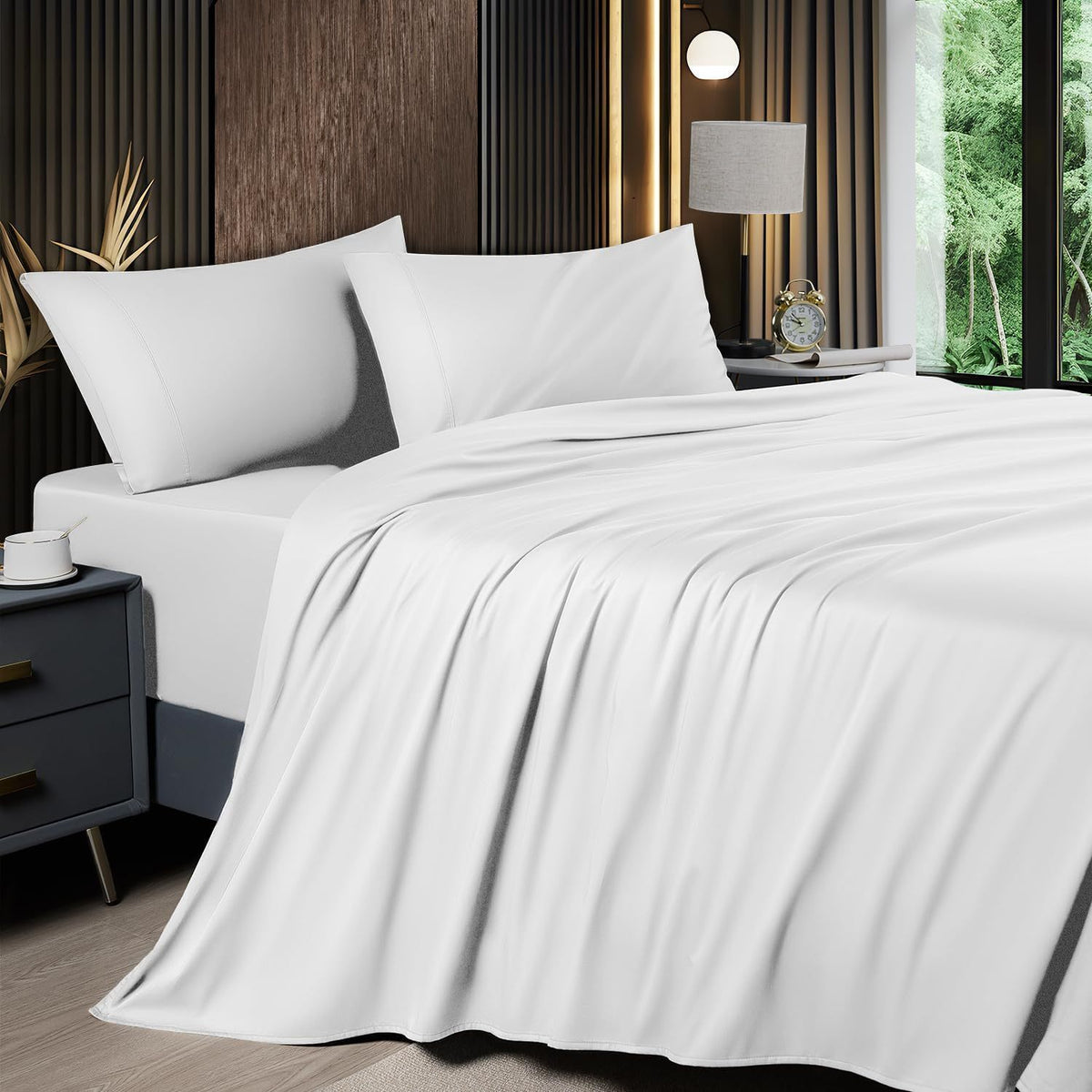 Cooling Bamboo Bed Sheet Set 4-Piece 2200TC – 16" Deep Pocket Silky Soft Breathable Luxury Bedding Flat Sheet Fitted Sheet & Pillowcases Twin Full Queen King in 11 Colors