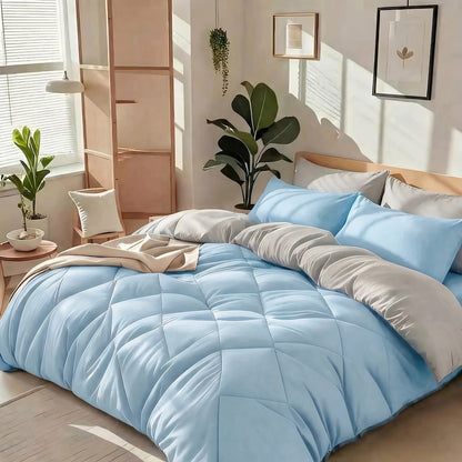 Cooling Comforter Set Queen King Twin - Lightweight Breathable Microfiber Fluffy Bedding with Rhombus Grid, Soft All Season Comforter with Pillowcases, 20 Colors Available