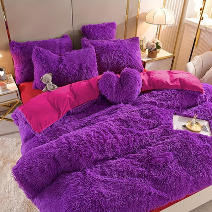 Fluffy Duvet Cover Set 4 Piece Queen King, Soft Plush Comforter Cover with 2 Pillow Shams All Season Cozy Bedding Set No Insert, in Purple Red Pink Gray Yellow Blue Beige Black