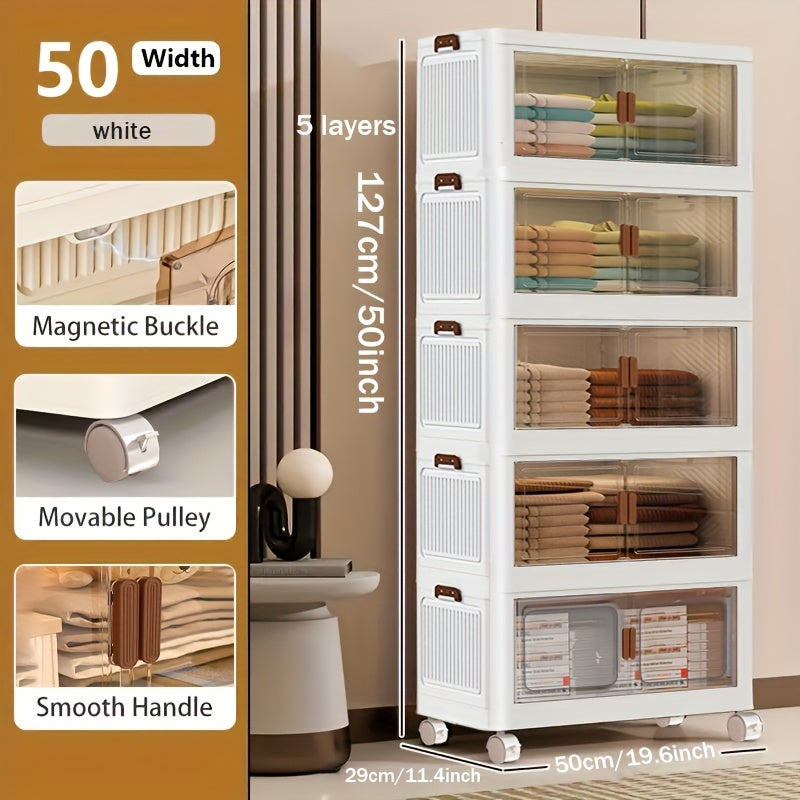 Stackable Storage Locker with Doors and Wheels - Collapsible Plastic Cabinet 1-5 Layers Large Capacity Home Organization for Bedroom Living Room Kitchen
