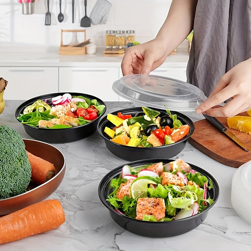 24oz Meal Prep Bowls with Lids Disposable Bento Food Containers – Stackable BPA-Free Microwave Freezer Dishwasher Safe, 50/100/150 Pack Black White
