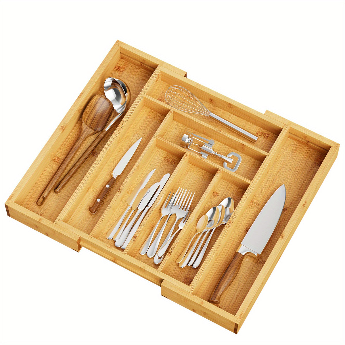 Bamboo Expandable Drawer Organizer with 6-8 Adjustable Compartments – Wooden Cutlery Tray Divider for Kitchen Silverware, Utensils, Knives, Jewelry & Office Supplies in Bedroom or Living Room