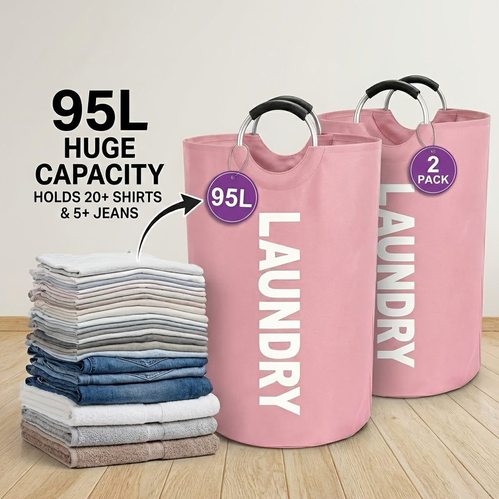 Extra Large Foldable Laundry Basket Set 95L/25 Gal – 2-Pack Thickened Waterproof Oxford Cloth Tall Storage Baskets for Bedroom, Bathroom, Dorm & Closet Organization, Multiple Colors