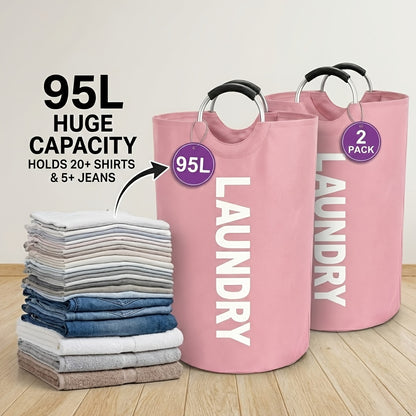 Extra Large Foldable Laundry Basket Set 95L/25 Gal – 2-Pack Thickened Waterproof Oxford Cloth Tall Storage Baskets for Bedroom, Bathroom, Dorm & Closet Organization, Multiple Colors