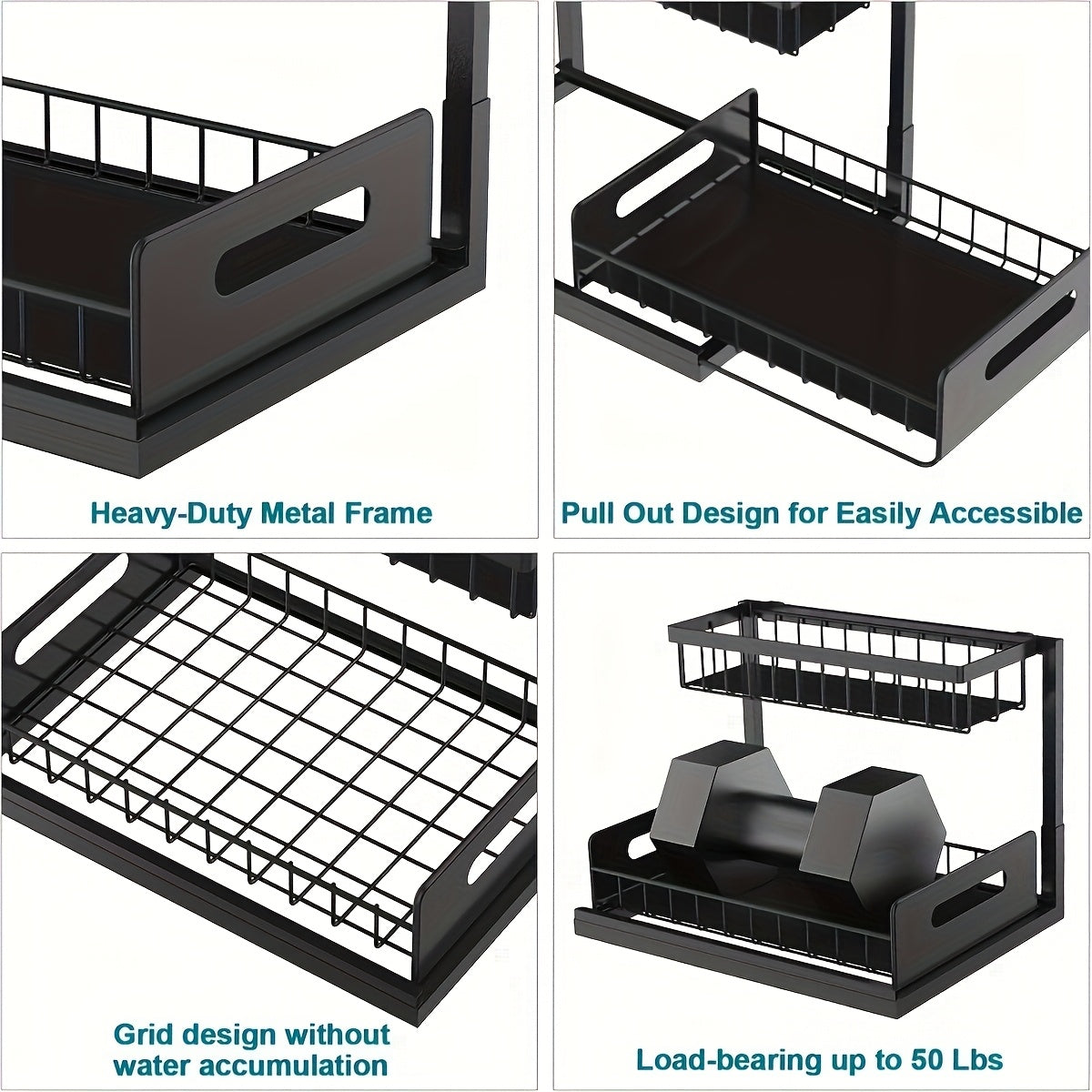 Metal Sliding Pull-Out Cabinet Rack for Under Sink Kitchen Bathroom – Slide-Out Drawer Organizer for Refrigerator Cabinet Storage, Easy Install, Black & White, 1 or 2 Pack