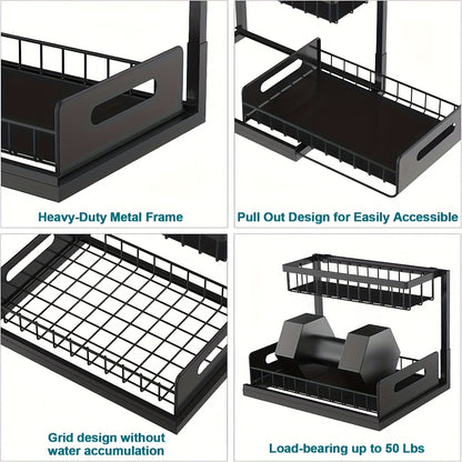 Metal Sliding Pull-Out Cabinet Rack for Under Sink Kitchen Bathroom – Slide-Out Drawer Organizer for Refrigerator Cabinet Storage, Easy Install, Black & White, 1 or 2 Pack