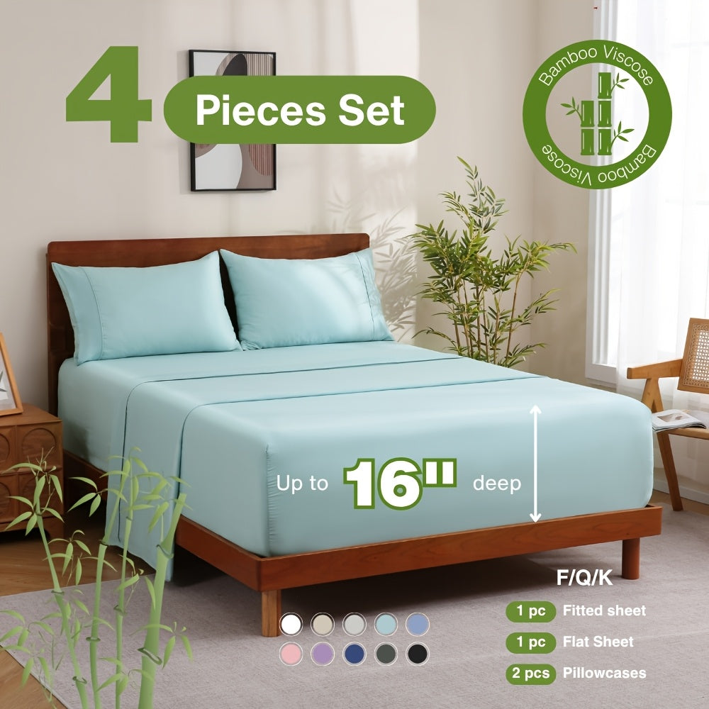 Bamboo Bed Sheet Set 4 Piece - 2000TC Cooling Sheets Deep Pocket 16 Inch, Luxury Soft Hotel Quality Fitted Sheet Flat Sheet Pillowcases, Wrinkle Shrink Resistant, Twin Full Queen King