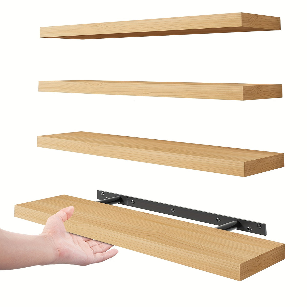 Invisible Bracket Floating Shelves 4 Pack 22 Inch Wall Mounted Wood Shelf for Bathroom Bedroom Living Room Kitchen Decor, Sturdy Wall Shelves Set with Hidden Brackets Walnut Light Brown White Black