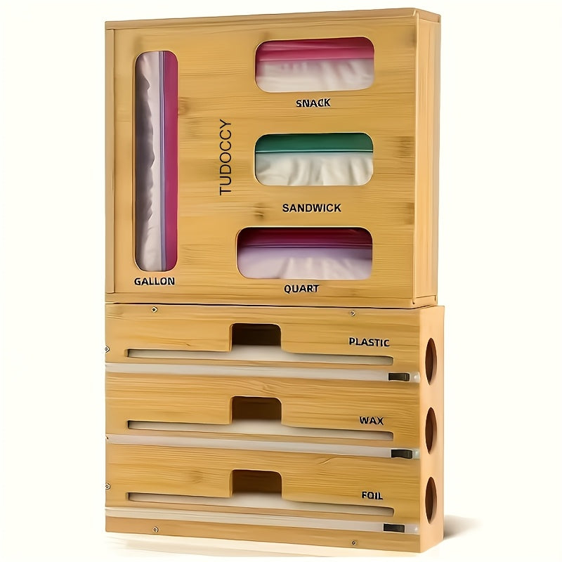 Bamboo Kitchen Drawer Organizer 7-in-1 & 9-in-1 – Plastic Wrap, Foil & Storage Bag Holder with Cutter, Compatible with Gallon, Quart, Sandwich & Snack Size Bags, Kitchen Drawer Storage