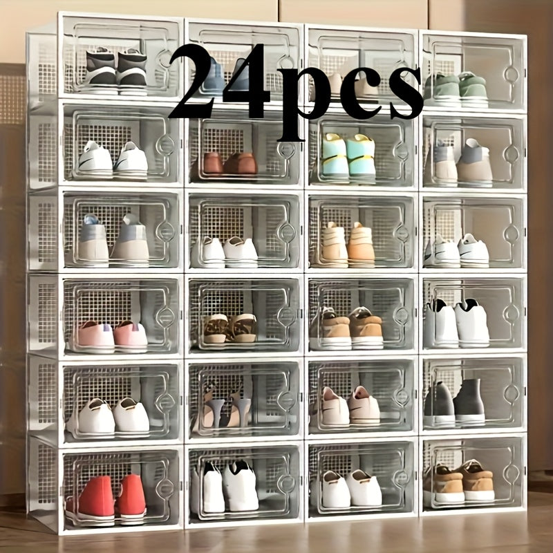 Shoe Boxes Clear Stackable with Lid 12/24pcs – Thickened Transparent Foldable Sneaker Storage Organizer for Entryway Bedroom Closet Dorm, Black White Gray