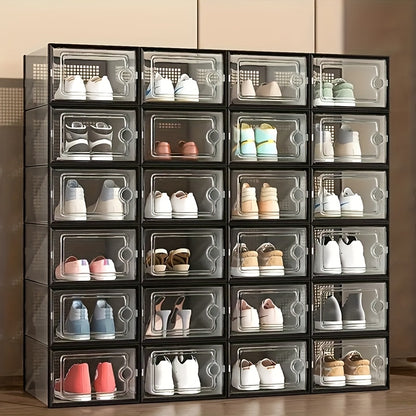 Stackable Shoe Boxes Clear Plastic with Lid Foldable Sneaker Storage Organizer – Space-Saving Transparent Shoe Rack Containers for Entryway & Bedroom, 6, 12 & 24 Pack in White, Black & Grey