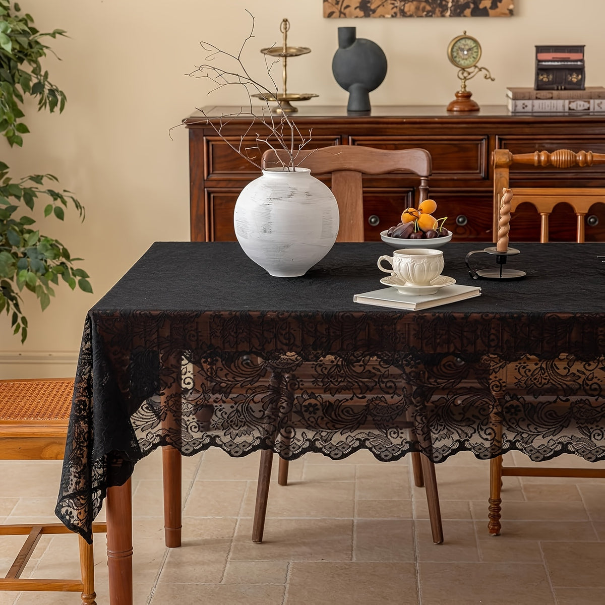 Black Lace Tablecloth with Floral Pattern - Elegant Polyester Rectangular Table Cover for Farmhouse, Thanksgiving, Holiday Dining & Wedding Decor, Machine-Made Durable Fabric
