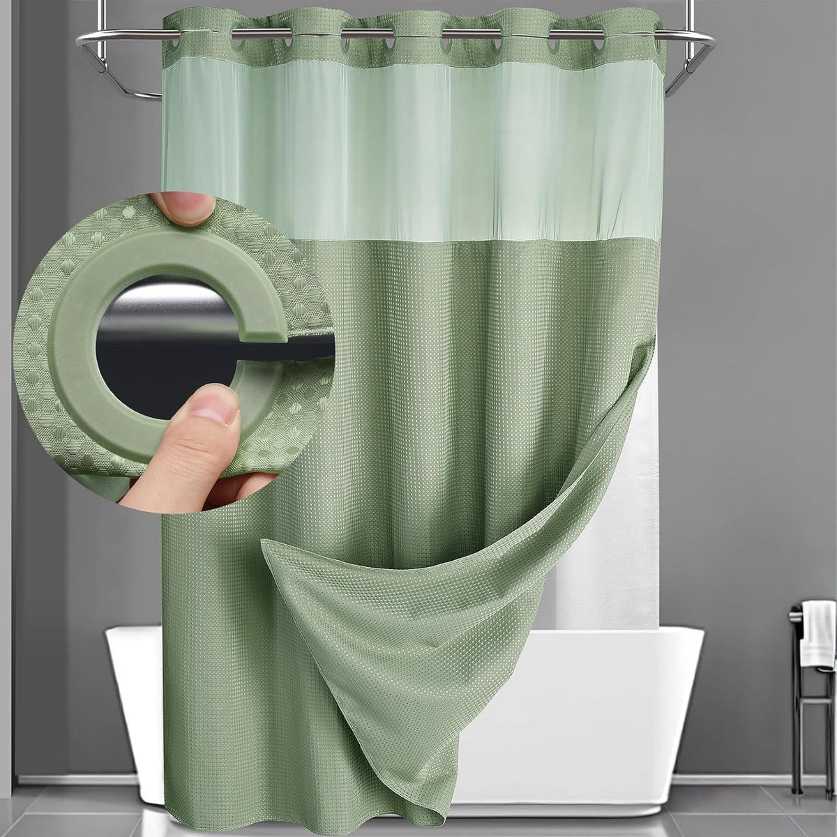 Hookless Shower Curtain with Snap Liner – Waffle Texture Double Layer Panels, No Hooks Required, Hand Washable Curtain & Liner Set for Home Hotel Bathroom, 74x71 Inch, Grey White Black Matcha