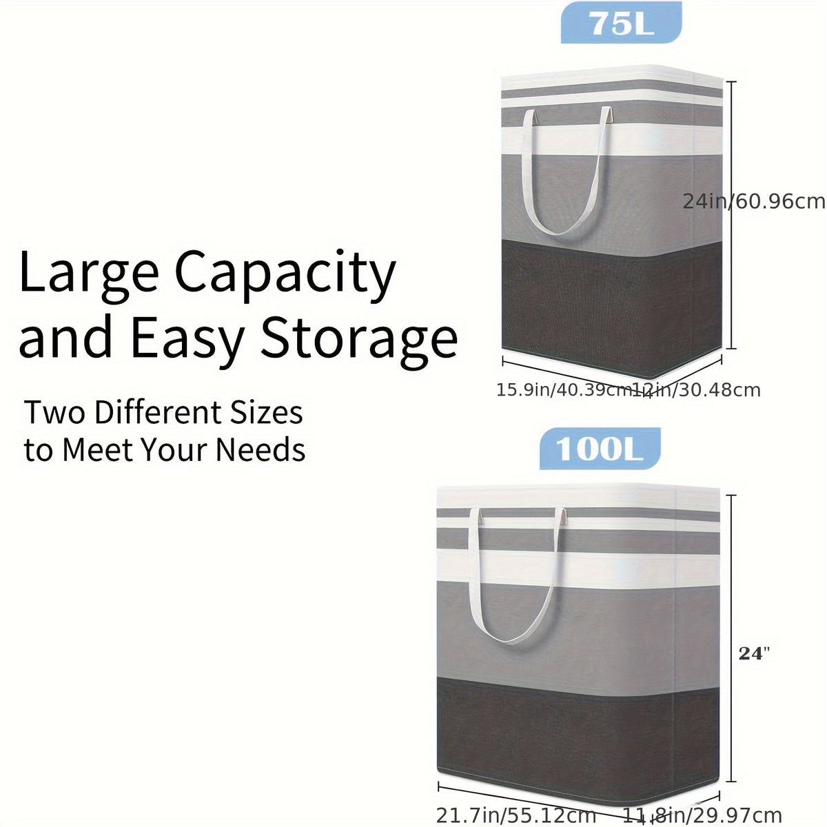 Collapsible Laundry Hamper Set of 3 with Easy Carry Handles, Freestanding Tall Clothes Basket 75L 100L for Bedroom Dorm Bathroom, Foldable Fabric Laundry Baskets
