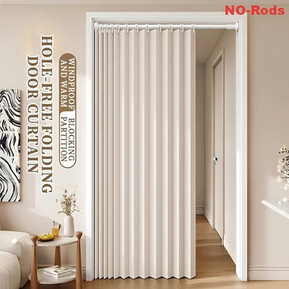 Waterproof Foldable Door Curtain No Rod Required - Privacy Partition Curtain with Hook Attachment for Bathroom Bedroom Living Room All Season Indoor Use, Easy Install Space Divider