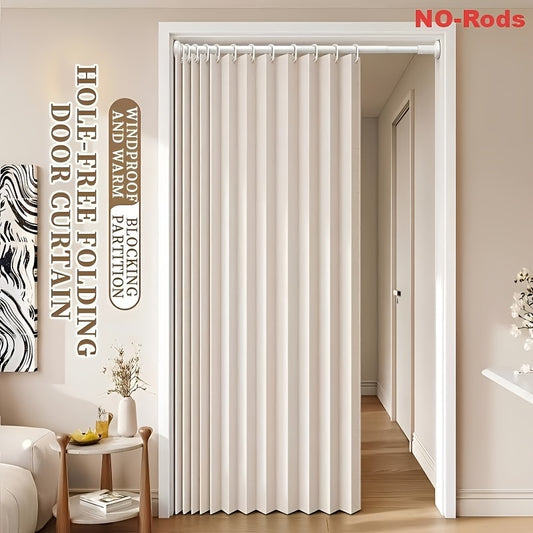 Waterproof Foldable Door Curtain No Rod Required - Privacy Partition Curtain with Hook Attachment for Bathroom Bedroom Living Room All Season Indoor Use, Easy Install Space Divider