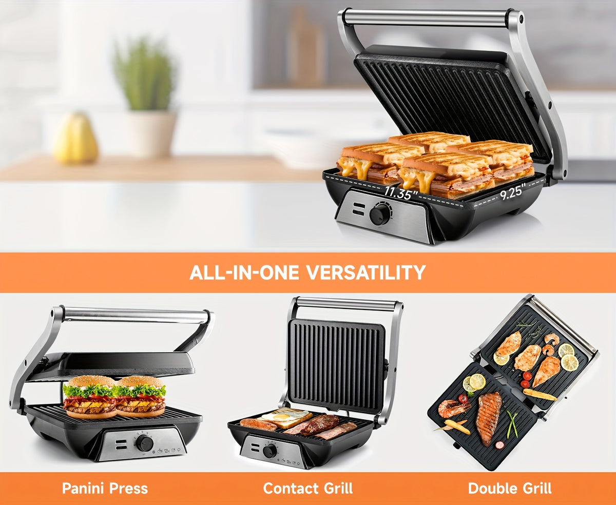 3-in-1 Electric Indoor Grill Panini Press Sandwich Maker with Non-Stick Cooking Plates, Opens 180 Degree Flat Grill, Floating Hinge Fits All Foods, Temperature Control & Grease Tray, Compact Kitchen Appliance