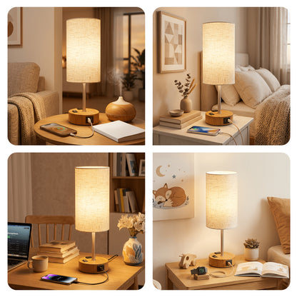 Dimmable Table Lamp with USB Charging Port and AC Outlet, 3-Way Touch Control Bedside Nightstand Lamp with Wood Metal Base and LED Bulb Included, Modern Desk Light for Bedroom Living Room Office