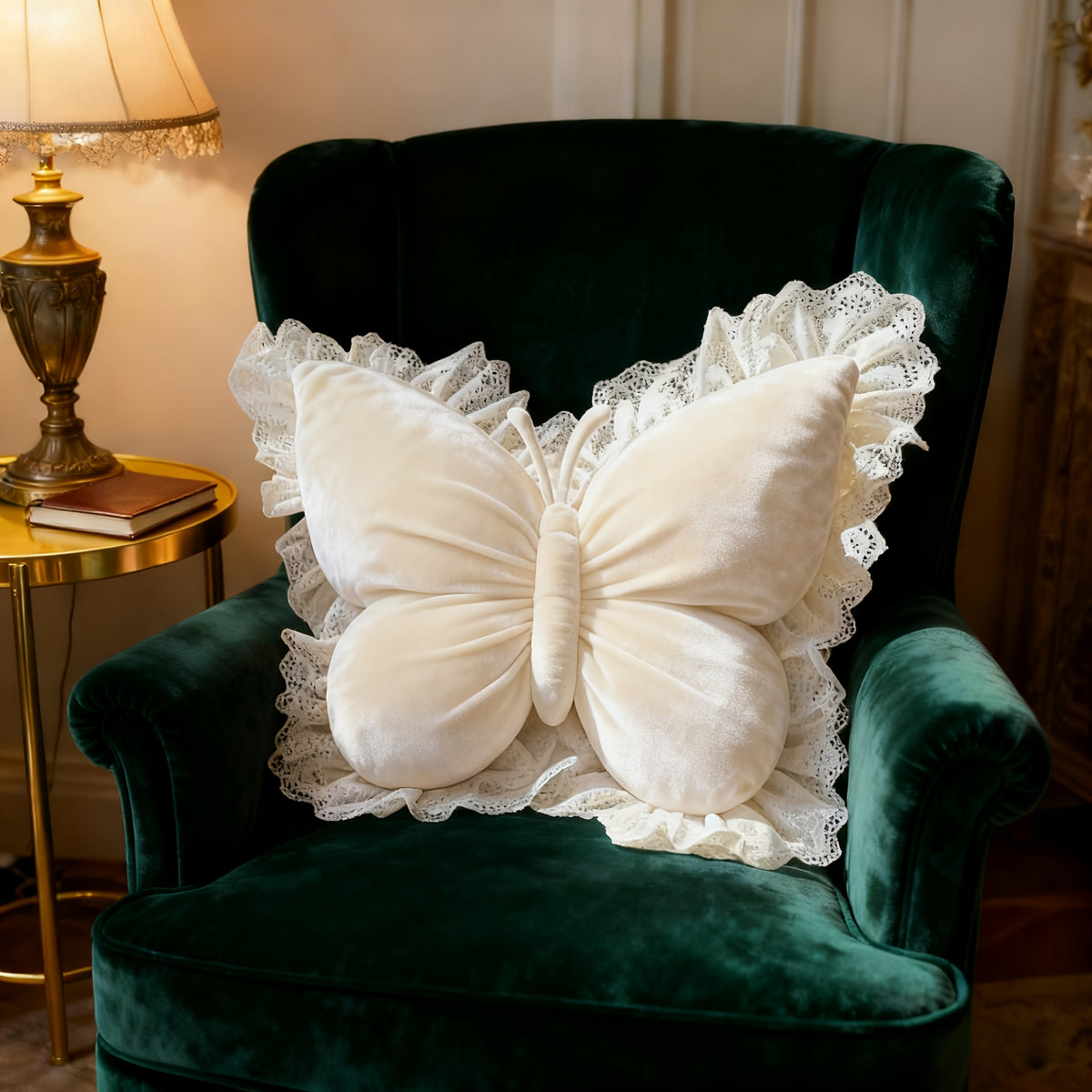 Butterfly Shaped Decorative Pillow with White Lace Trim – 3D Silhouette Velour Throw Cushion for Sofa, Bed & Home Decor, Machine Washable, 5 Colors, Perfect Gift for Women