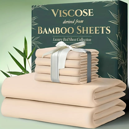 Bamboo Cooling Bed Sheet Set 6-Piece – Ultra-Soft Deep Pocket Fitted Sheet for Hot Sleepers Double-Stitched Machine Washable Twin Full Queen King in 7 Colors