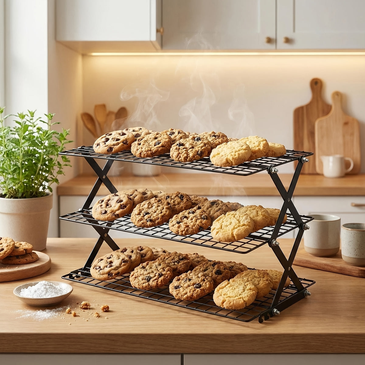 Collapsible Baking Cooling Rack 3 or 4 Tier – Stackable Metal Wire Rack for Baking Trays with Adjustable Settings, Baking Tools Set & Camping Grill for Cooking, Cooling & Cake Drying