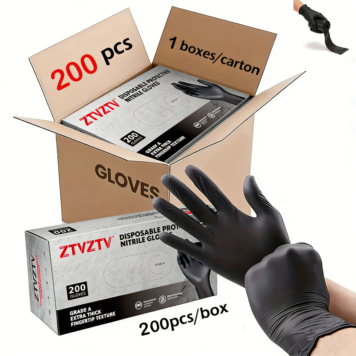 Black Nitrile Disposable Gloves 200 Pack – High-Density Latex-Free Chemical Resistant Gloves for Cleaning Tattooing Painting Car Washing, Industrial Grade Flexible Fit, S M L XL