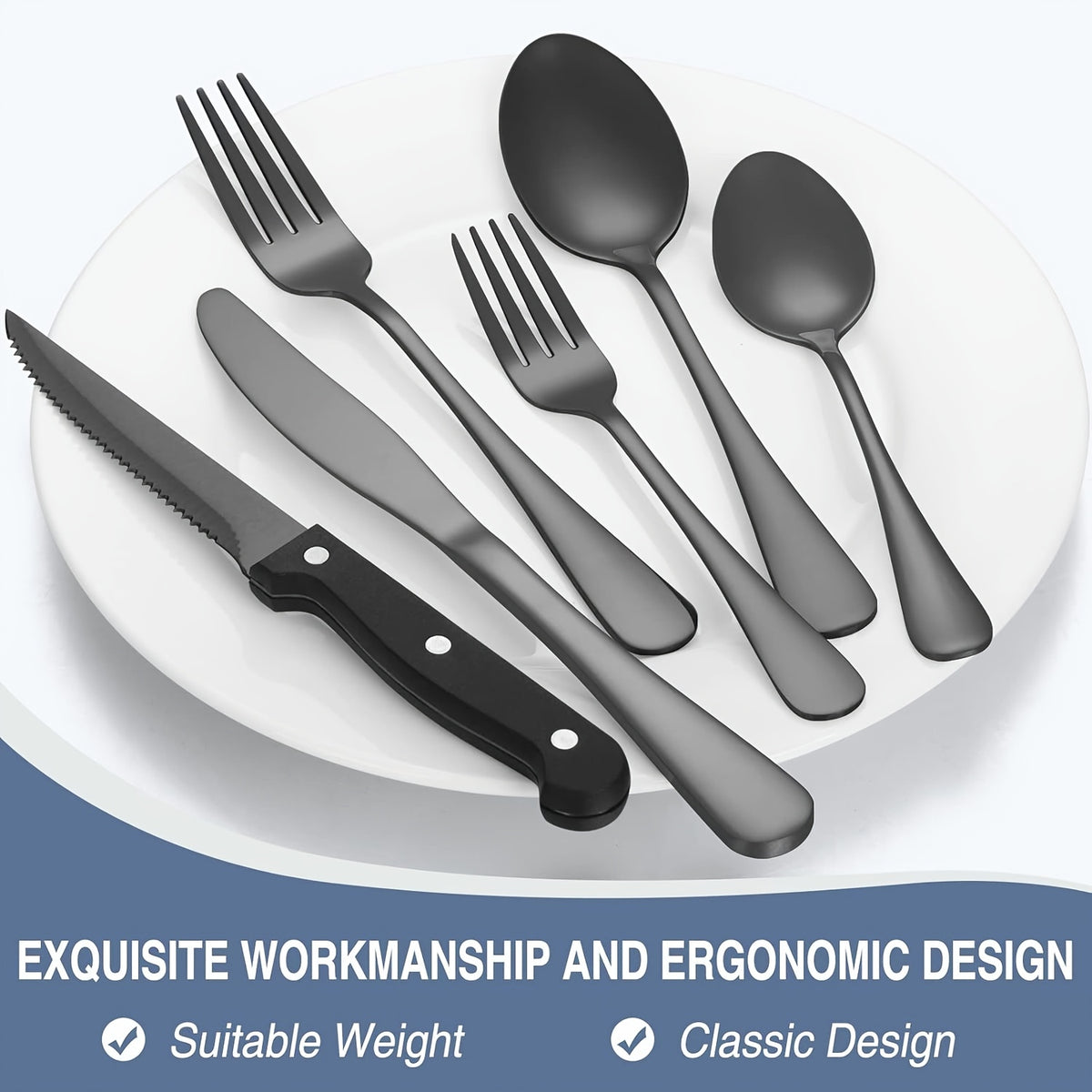 Silverware Set 48 Piece with Steak Knives Service for 8 – Stainless Steel Flatware Cutlery Set, Mirror Finish, Dishwasher Safe | Silver & Black Utensils for Home Kitchen Dining
