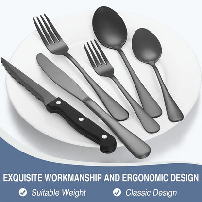 Silverware Set 48 Piece with Steak Knives Service for 8 – Stainless Steel Flatware Cutlery Set, Mirror Finish, Dishwasher Safe | Silver & Black Utensils for Home Kitchen Dining