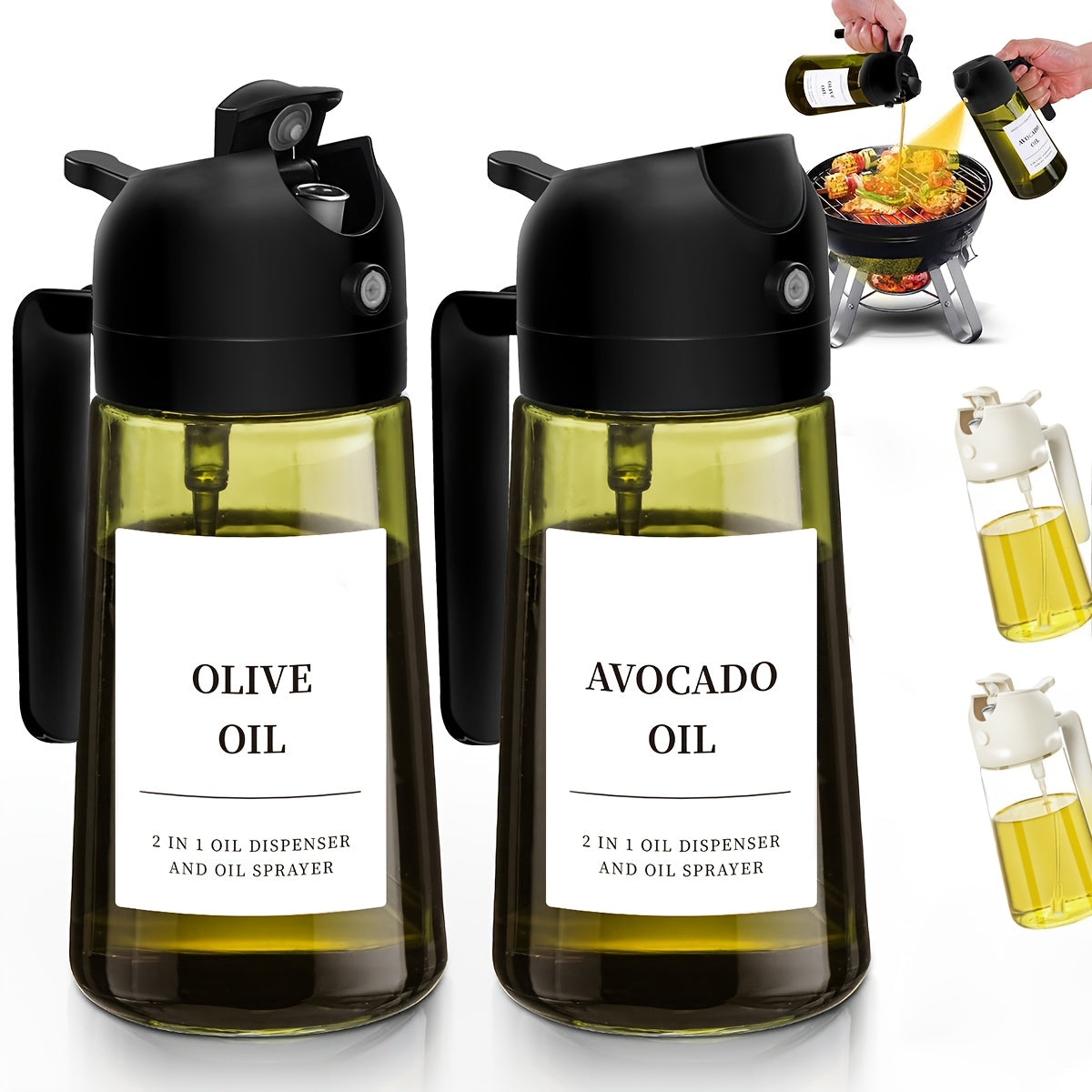 Olive Oil Dispenser Bottle Set of 2 - 16oz 480ml Borosilicate Glass Oil Bottle with Drizzle & Spray Function, Light-Blocking Dark Green & Clear Glass for Kitchen Cooking Salad Dressing