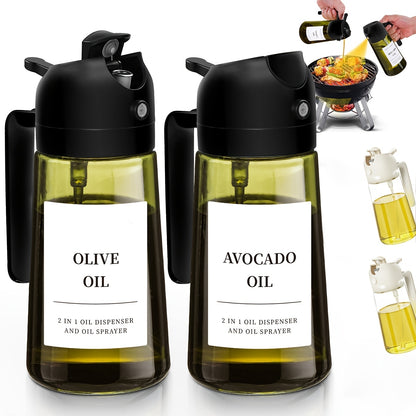 Olive Oil Dispenser Bottle Set of 2 - 16oz 480ml Borosilicate Glass Oil Bottle with Drizzle & Spray Function, Light-Blocking Dark Green & Clear Glass for Kitchen Cooking Salad Dressing