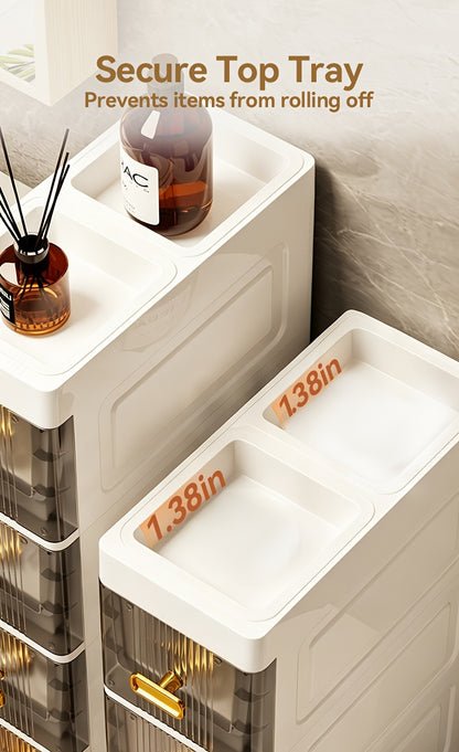 Slim Storage Cabinet with Drawers 3 4 5 6 Tier, Waterproof PP Plastic Drawer Organizer Unit for Bathroom Kitchen Bedroom, Narrow Rolling Storage Cart with Wheels for Small Spaces