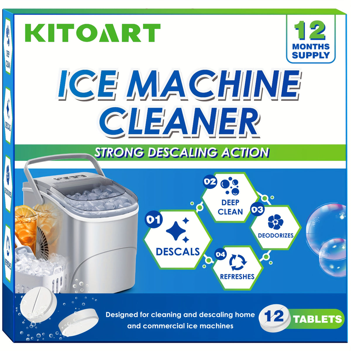 Ice Maker Cleaning Tablets 12/24/36 Pack – Deep Cleaning Descaler & Deodorizer, Food-Grade Citric Acid, Nickel-Safe, No Residue, Compatible with All Countertop & Portable Ice Machines