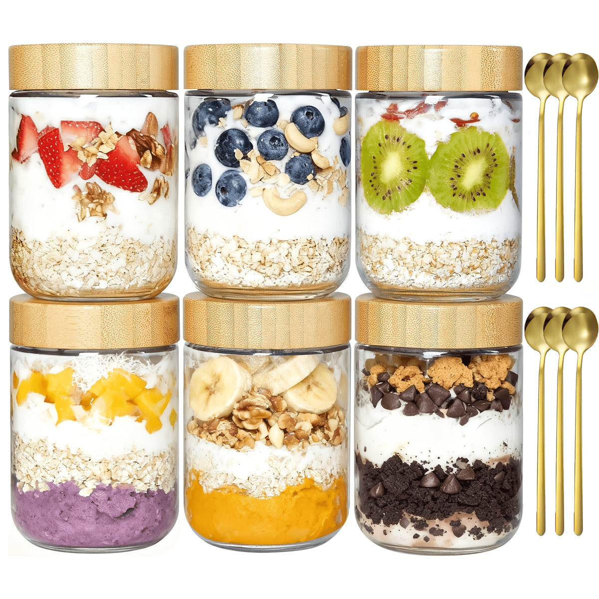 Overnight Oats Containers with Bamboo Lids Glass Jars Airtight Wide Mouth Mason Jars for Meal Prep, Yogurt, Chia Seeds, Salad & Snacks - 4 Pack 16oz or 6 Pack with Spoons, BPA-Free Food Storage Jars