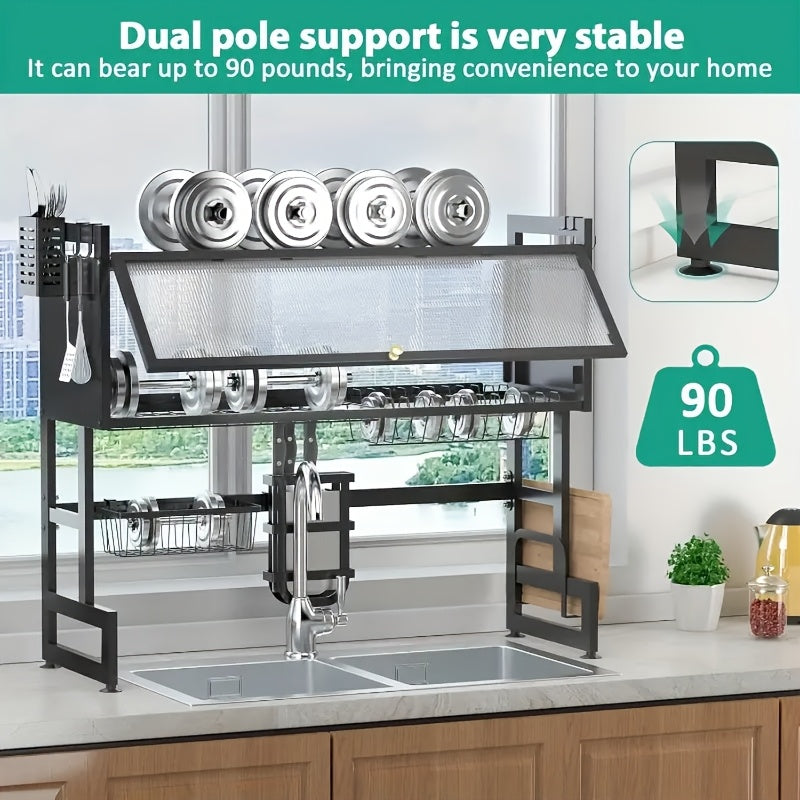 Dish Drying Rack for Kitchen Counter, Multi-Layer Countertop Dish Rack with Dust Cover, Large Capacity Organizer for Dishes Cups Utensils, Space Saving Kitchen Drying Rack in Black