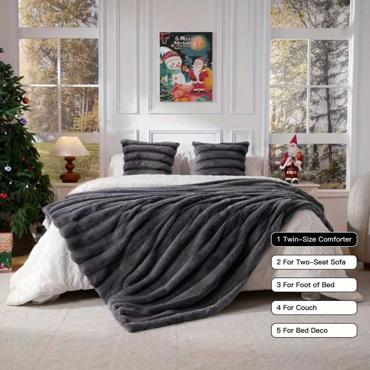 Faux Rabbit Fleece Blanket, Double Layer Thickened Soft Warm Throw – All Season Reversible Blanket for Adults, Couch, Bed & Travel, Machine Washable, Throw / Twin XL / Queen / King, Grey Khaki Beige