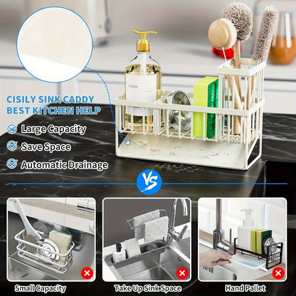 Kitchen Sink Organizer with Drain Tray - Heavy Duty 304 Stainless Steel Rust-Proof Sink Caddy, Sponge Holder, Brush Rack, Space-Saving Countertop Storage Basket for Kitchen Sink, Black
