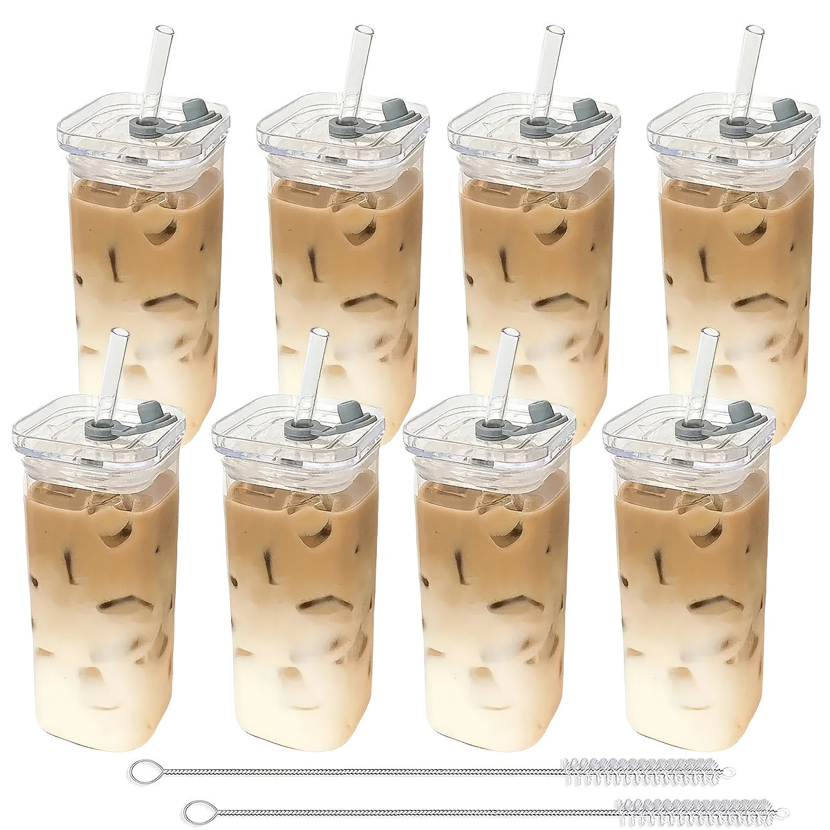 Square Glass Cups with Lids 13oz – BPA-Free Glass Drinking Cups Set with Straws & Cleaning Brush for Coffee, Juice & Cold Drinks, Perfect for Home, Office & Outdoor Use – 6 or 8 Pack