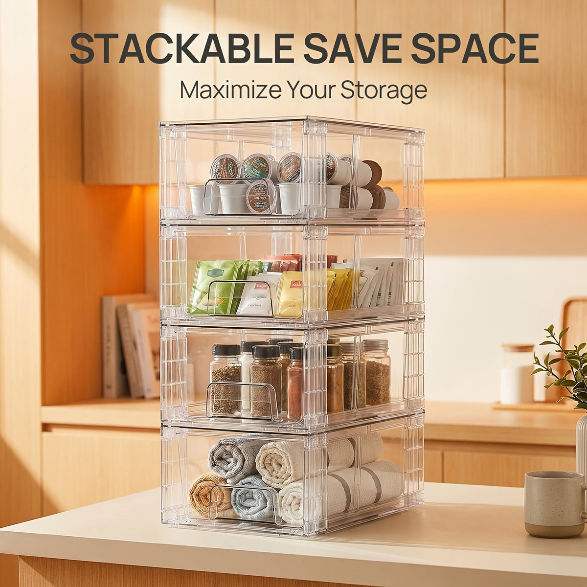 Clear Acrylic Stackable Storage Drawers with Handles – Refrigerator & Pantry Organizer Bins for Fridge, Kitchen Cabinet, Bathroom, Under Sink – 4, 6, 8, 10 Pack