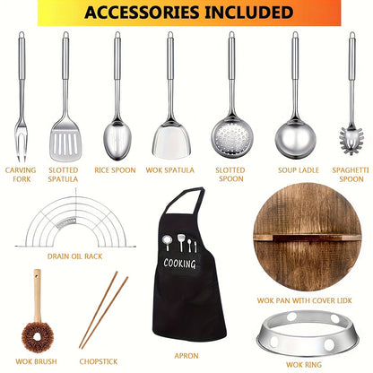Carbon Steel Wok Set with Lid 12.6 Inch - 14-Piece Non-Stick Stir Fry Pan for All Stoves, Detachable Handle, Honeycomb Surface, Wok Spatula & Kitchen Utensils Included