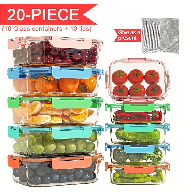 Glass Food Storage Containers 20-Piece Set 10 Containers + 10 Airtight Lids Stackable Meal Prep Containers, Oven Microwave Refrigerator & Dishwasher Safe – Space-Saving Kitchen Organization